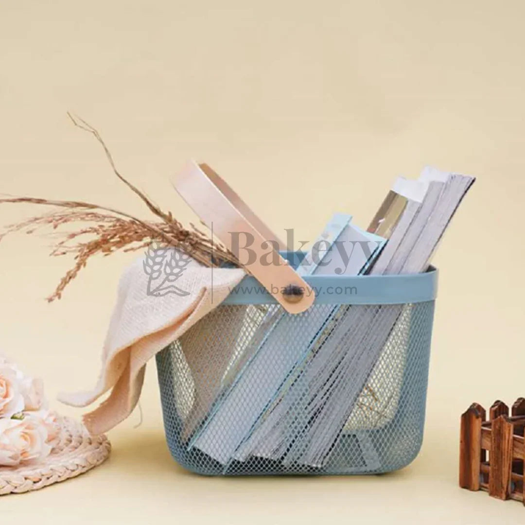 24x24x18 cm | Steel Grey Metal Basket with Wooden handle | 1 Piece