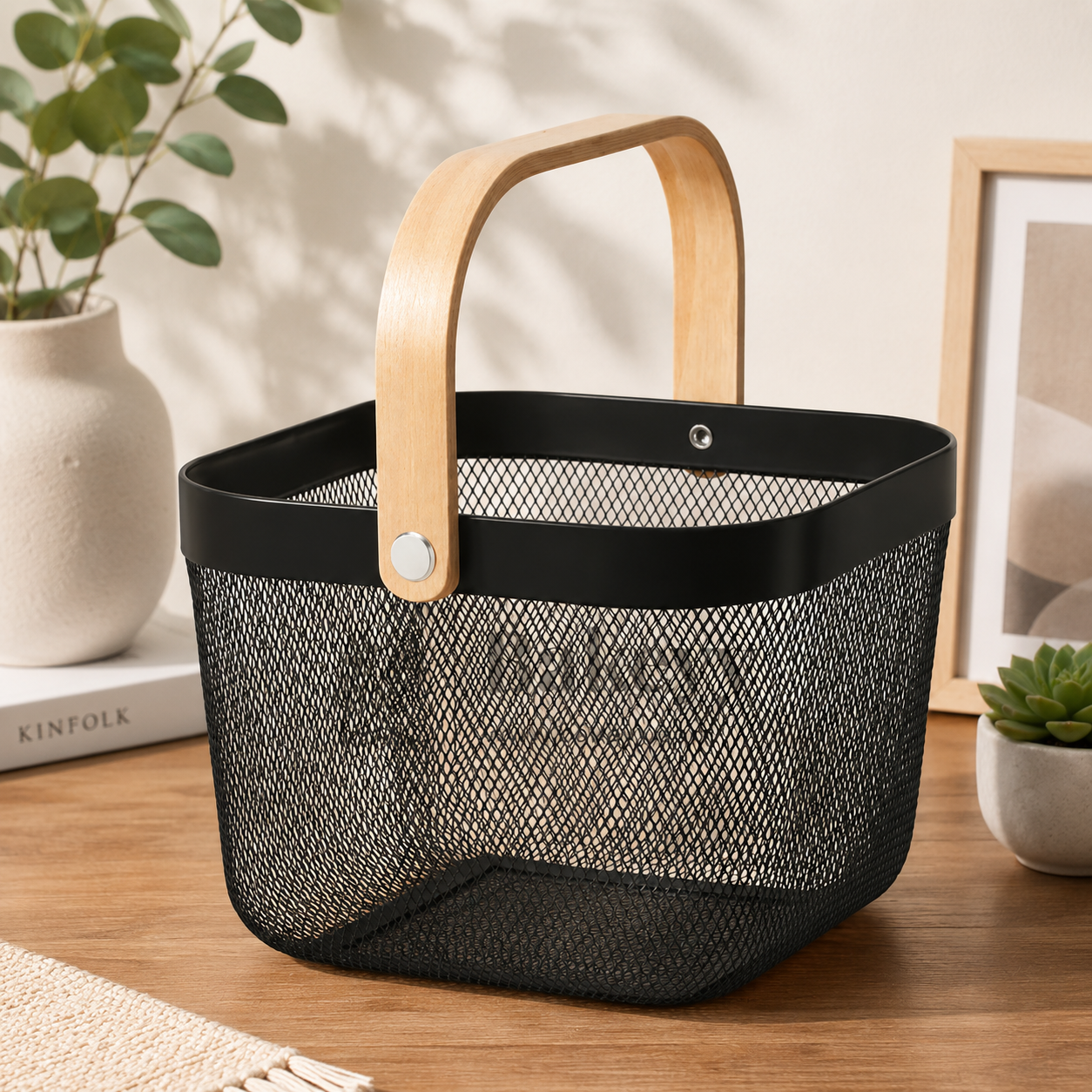 Black mesh basket with wooden handle on a wooden surface, surrounded by plants and books.