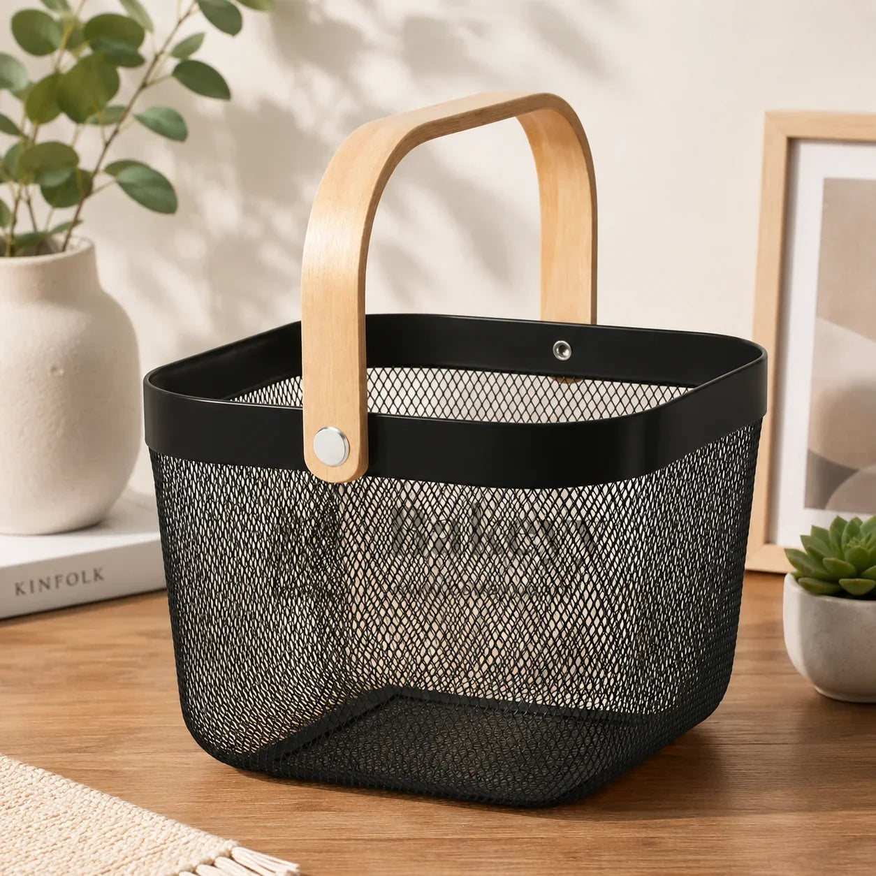 Black mesh basket with wooden handle on a wooden surface, surrounded by plants and books.
