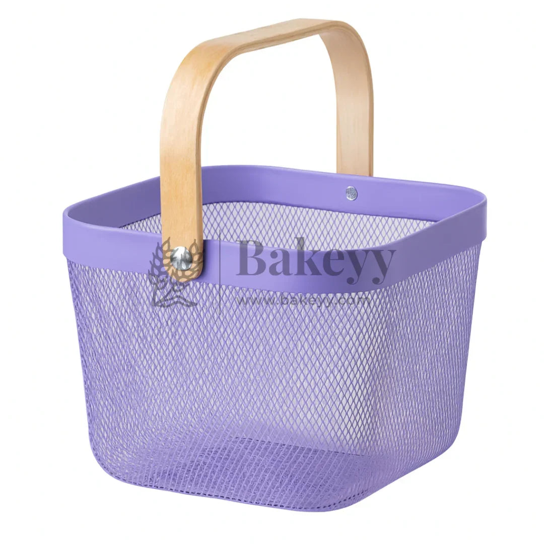 24x24x18 cm | Lavender Metal Basket with Wooden handle | 1 Piece - Bakeyy.com - India - 24x24x18 cm | Lavender Metal Basket with Wooden handle | 1 Piece - Default Title