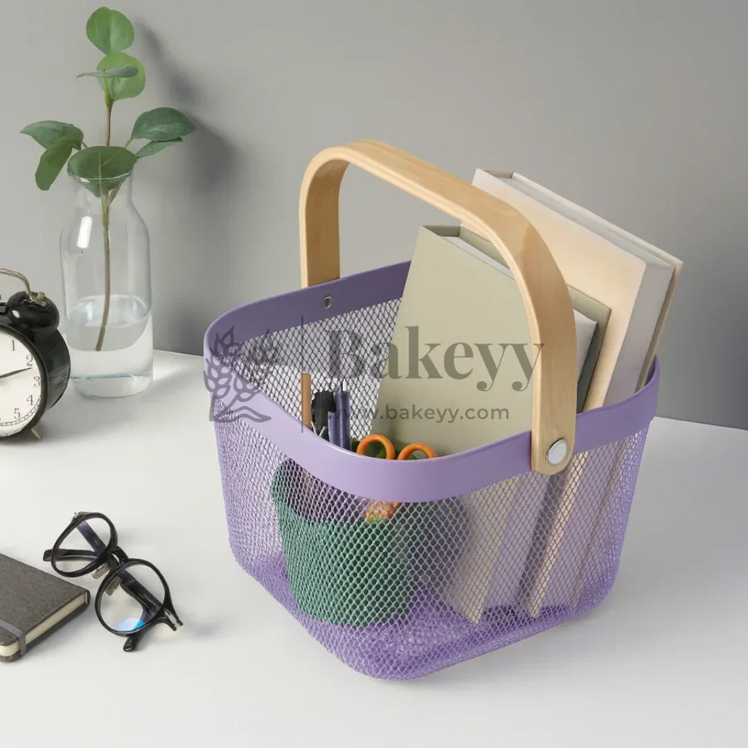 24x24x18 cm | Lavender Metal Basket with Wooden handle | 1 Piece - Bakeyy.com - India - 24x24x18 cm | Lavender Metal Basket with Wooden handle | 1 Piece - Default Title