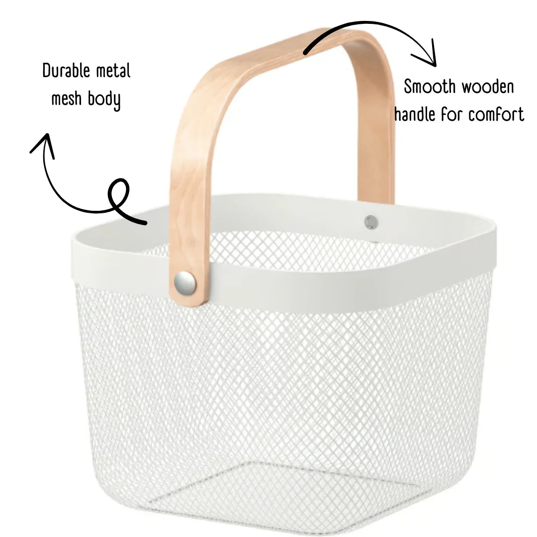 24x24x18 cm | White Metal Basket with Wooden handle | 1 Piece