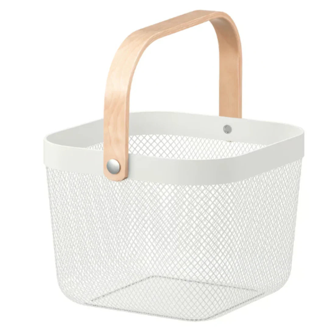 24x24x18 cm | White Metal Basket with Wooden handle | 1 Piece