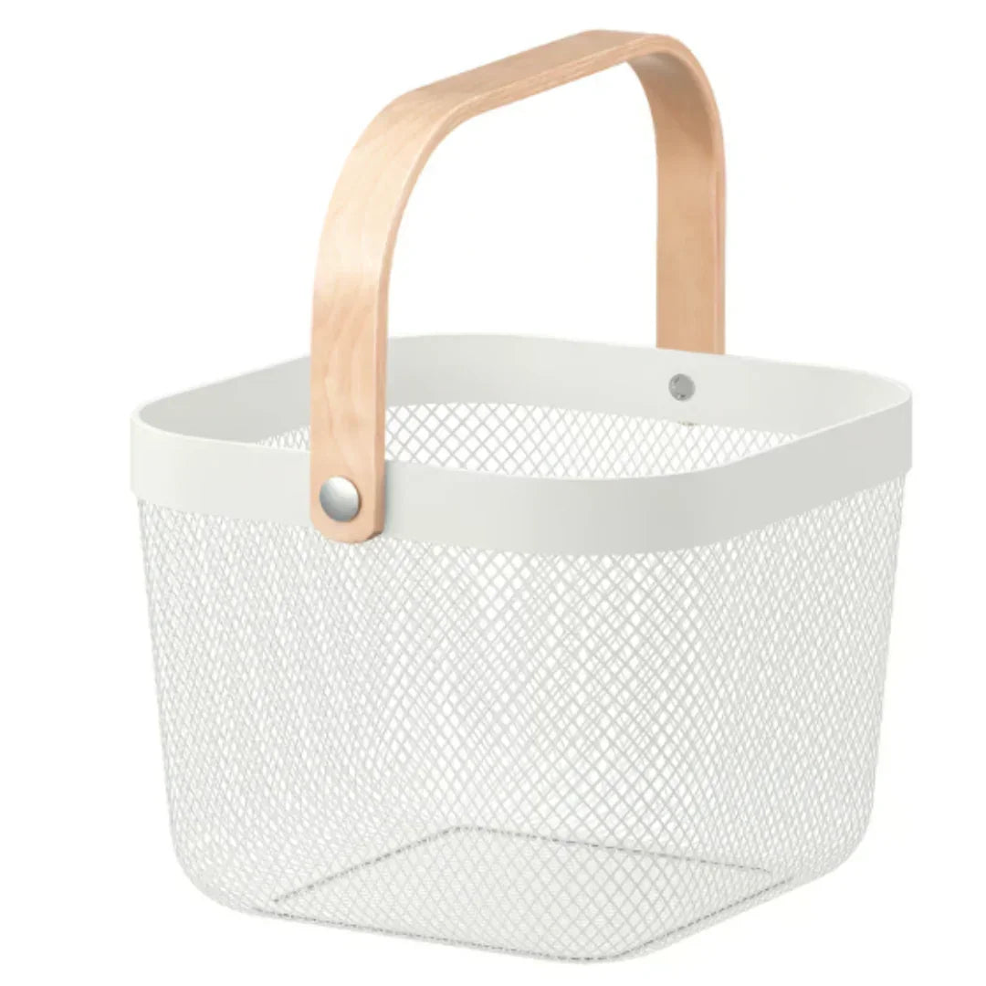 24x24x18 cm | White Metal Basket with Wooden handle | 1 Piece - Bakeyy.com - India - 24x24x18 cm | White Metal Basket with Wooden handle | 1 Piece - Default Title