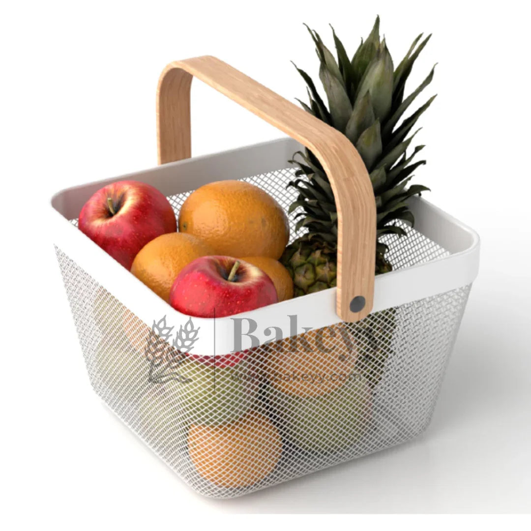 24x24x18 cm | White Metal Basket with Wooden handle | 1 Piece