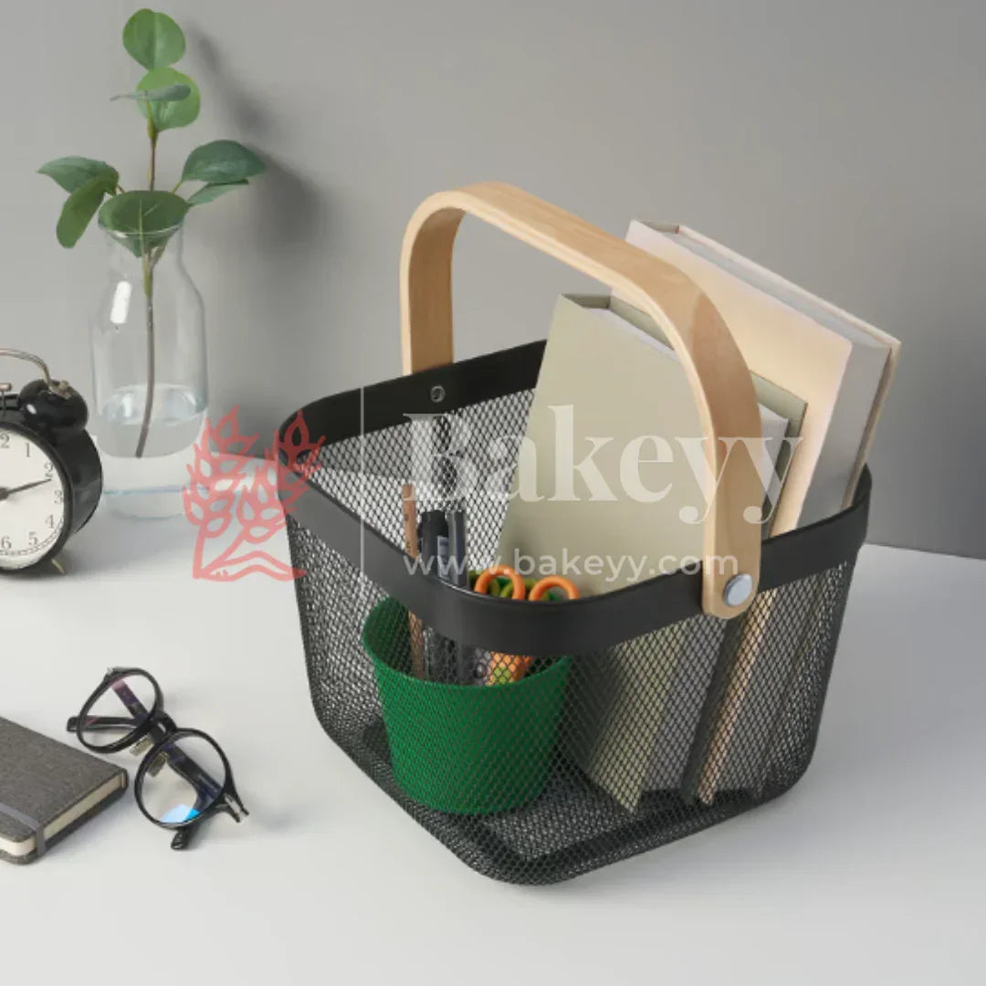 24x24x18 cm | Black Metal Basket with Wooden handle | 1 Piece - Bakeyy.com - India - 24x24x18 cm | Black Metal Basket with Wooden handle | 1 Piece - Default Title