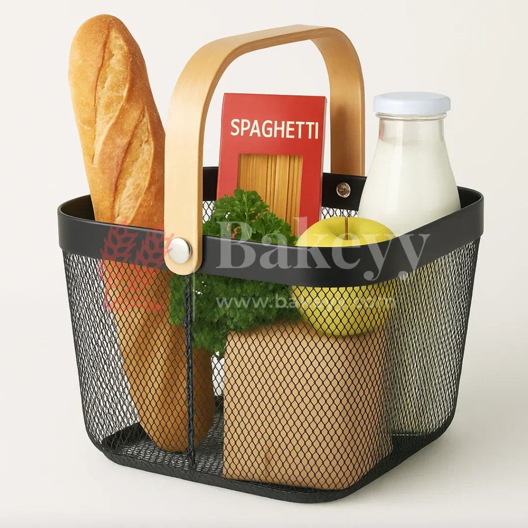 24x24x18 cm | Black Metal Basket with Wooden handle | 1 Piece - Bakeyy.com - India - 24x24x18 cm | Black Metal Basket with Wooden handle | 1 Piece - Default Title
