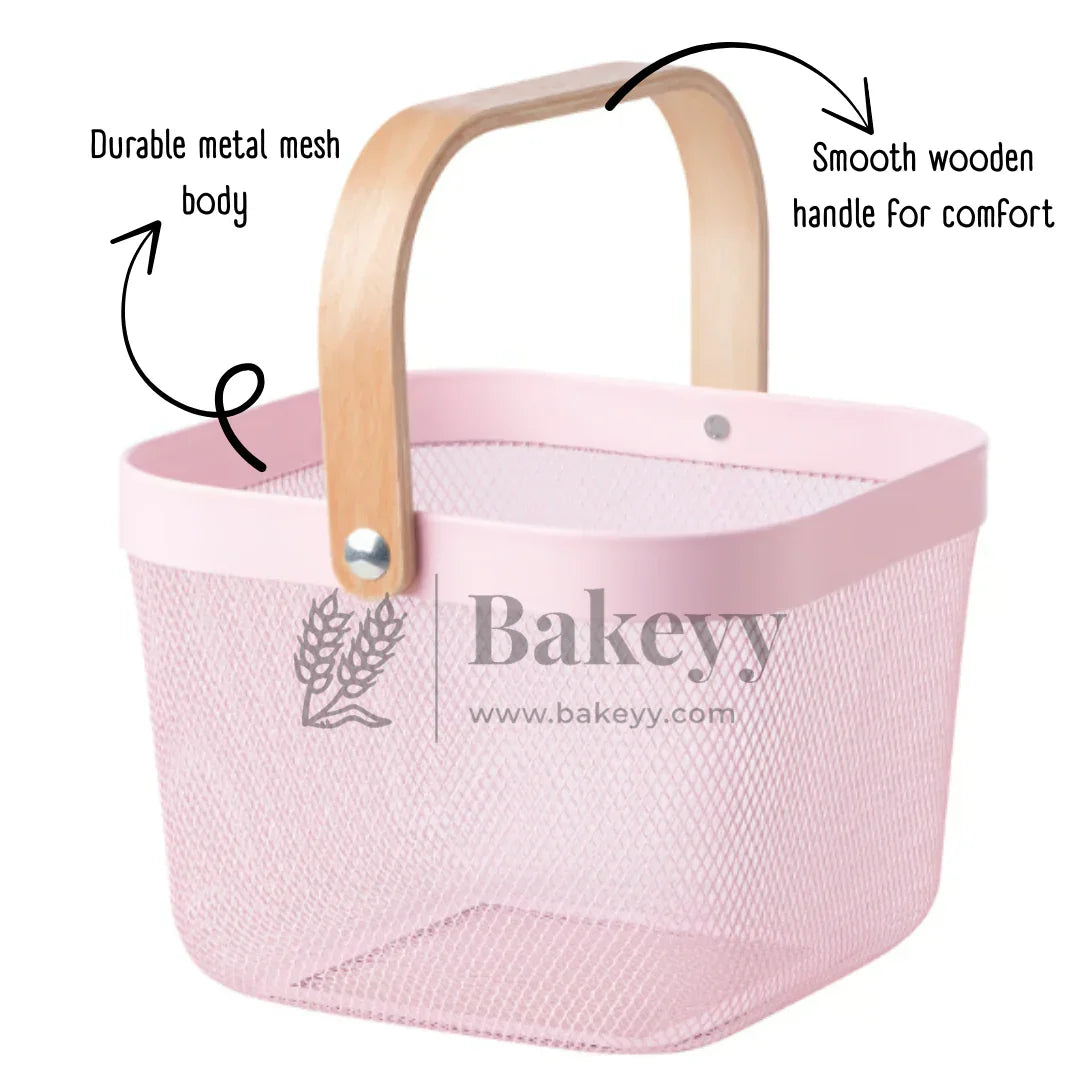24x24x18 cm | Pastel Pink Metal Basket with Wooden handle | 1 Piece