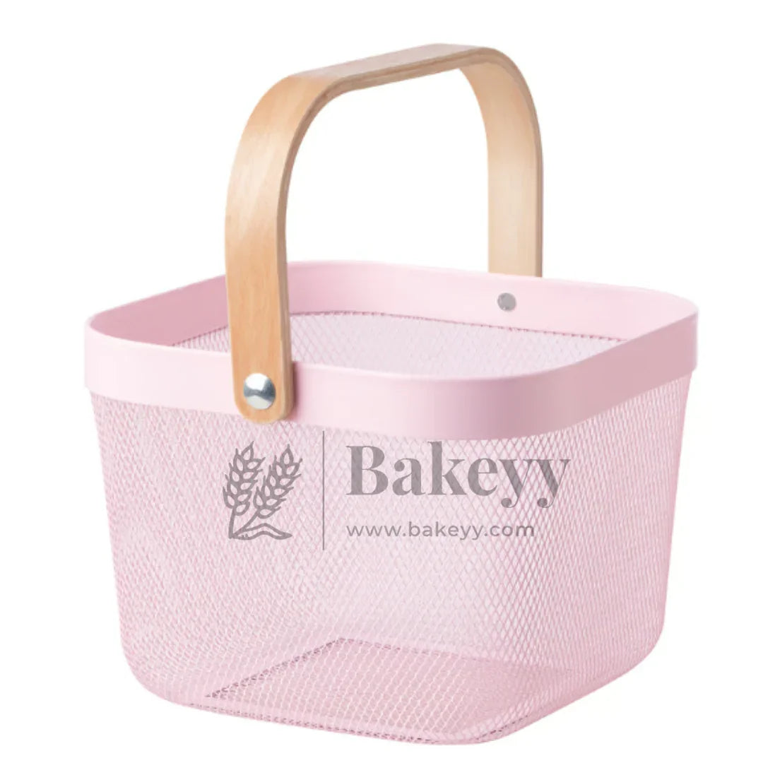 24x24x18 cm | Pastel Pink Metal Basket with Wooden handle | 1 Piece