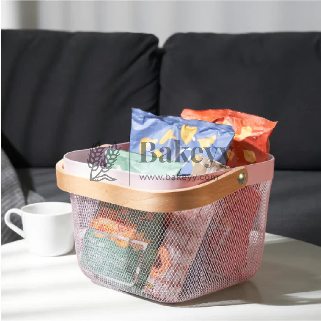 24x24x18 cm | Pastel Pink Metal Basket with Wooden handle | 1 Piece