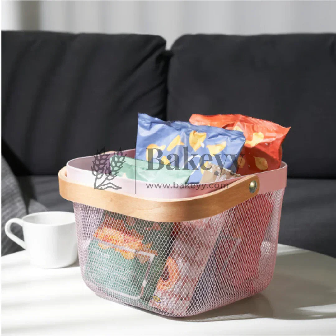 24x24x18 cm | Pastel Pink Metal Basket with Wooden handle | 1 Piece - Bakeyy.com - India - 24x24x18 cm | Pastel Pink Metal Basket with Wooden handle | 1 Piece - Default Title