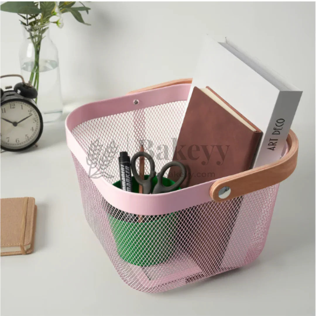 24x24x18 cm | Pastel Pink Metal Basket with Wooden handle | 1 Piece