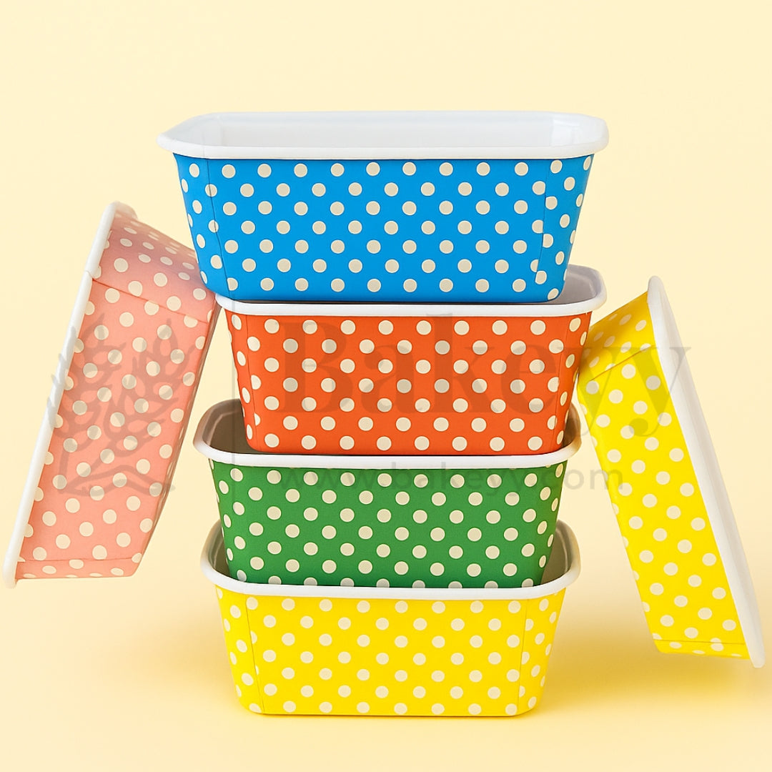 Set of colorful polka dot containers on a yellow background
