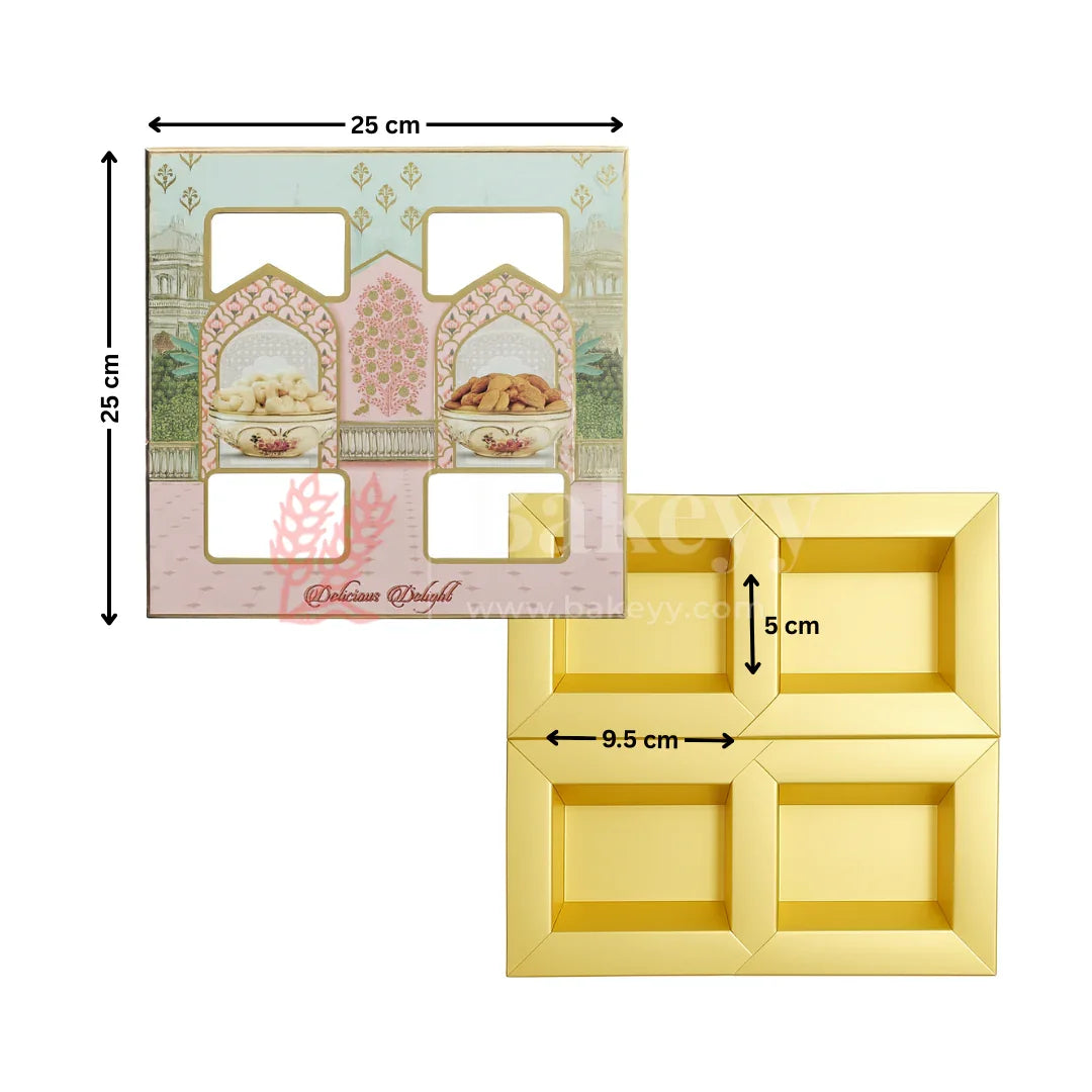 25x25x2.5 cm | Delicious Delight 4-Cavity Dry Fruit Gift Box | Decorative Festive Packaging | Pack of 10 - Bakeyy.com - India - 25x25x2.5 cm | Delicious Delight 4-Cavity Dry Fruit Gift Box | Decorative Festive Packaging | Pack of 10 - Default Title