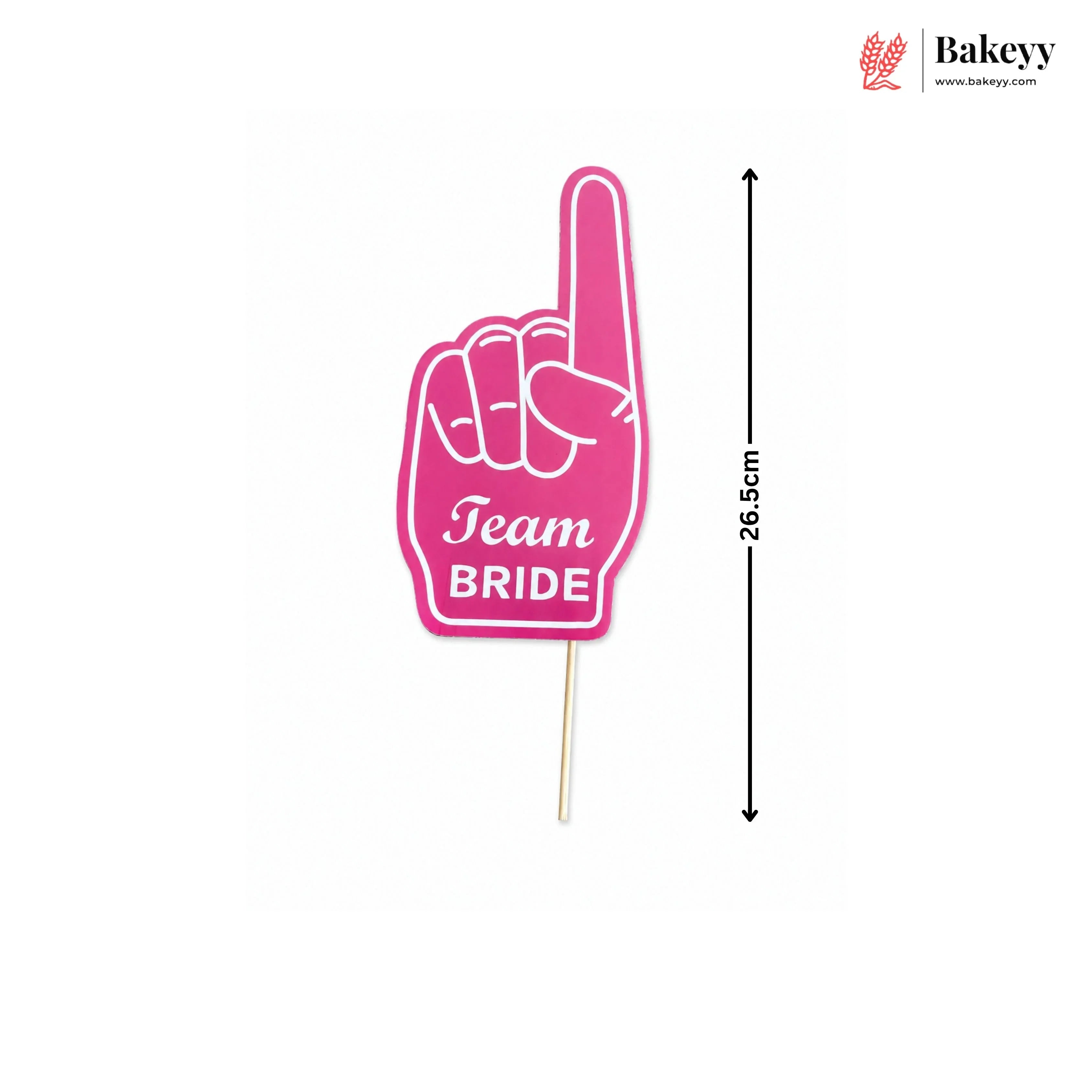 Pink foam finger with 'Team Bride' text on a white background, featuring the brand 'Bakeyy'.