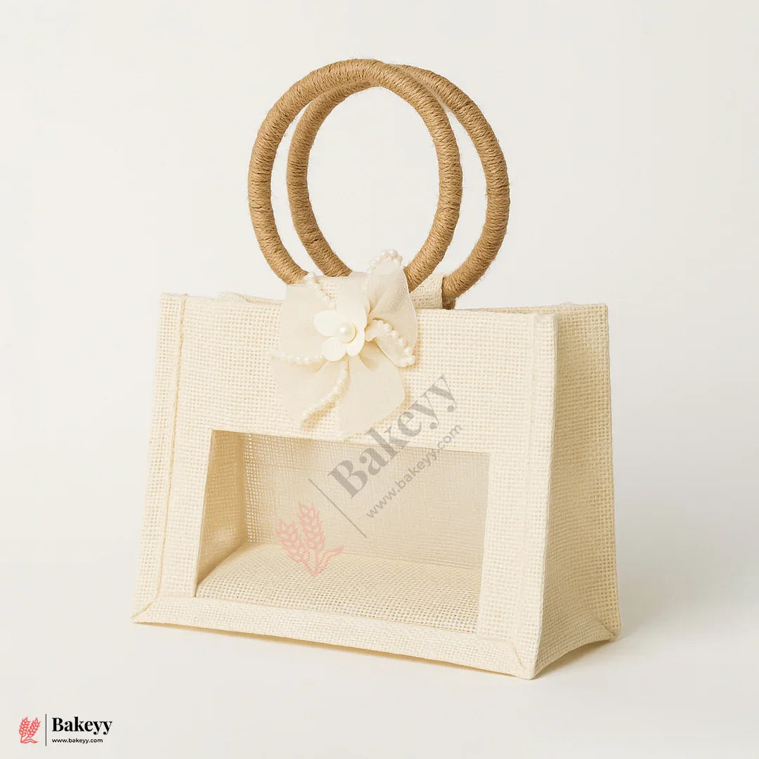 8x6x4 Inch Premium 2 Jar Jute Gift Bag with Transparent Window & Floral Accent – Pack Of 1