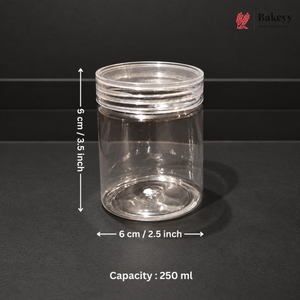 A clear plastic jar with a screw-top lid, shown on a dark background with overlaid dimensions: 6 cm / 2.5 inch in diameter and 5 cm / 3.
