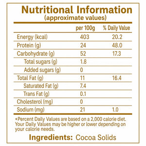 Nutritional information label for cocoa solids, showing per 100g values for energy, protein, carbohydrate, sugars, fat, and sodium, with ingredients text at the bottom.