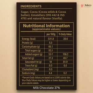 A close-up of a milk chocolate bar's nutrition label showing ingredients and nutritional information per 100g, with 'Milk Chocolate 37%' printed below on a beige background.