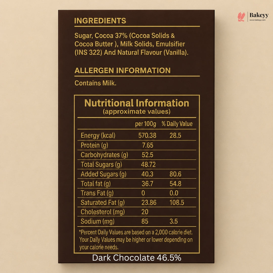 A dark brown nutrition facts panel for a chocolate product, showing ingredients, allergen information, and nutritional values per 100g. The panel is centered on a warm beige background with the text 'Dark Chocolate 46.