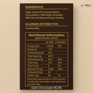 A dark brown nutrition facts panel for a chocolate product, showing ingredients, allergen information, and nutritional values per 100g. The panel is centered on a warm beige background with the text 'Dark Chocolate 46.