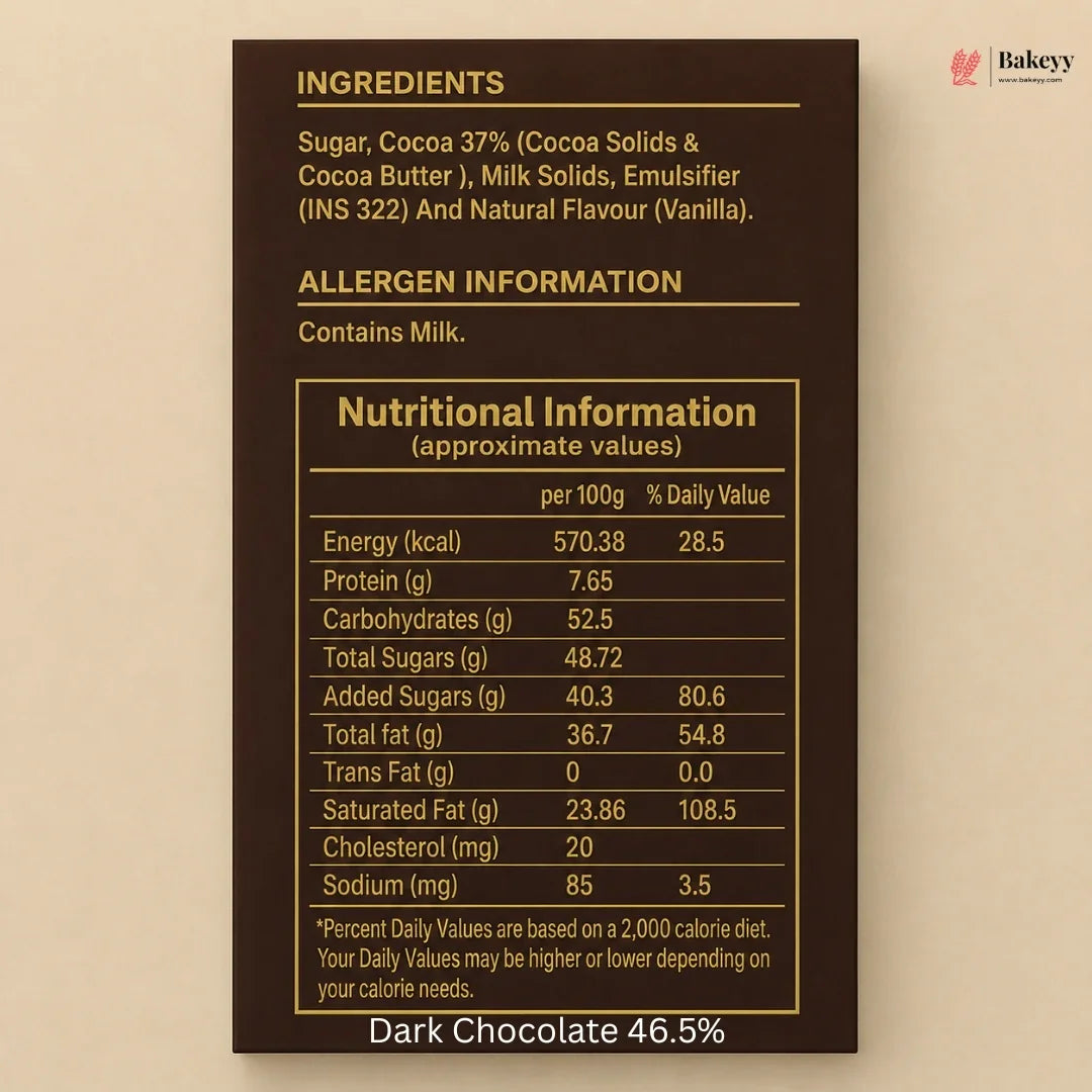 A dark brown nutrition facts panel for a chocolate product, showing ingredients, allergen information, and nutritional values per 100g. The panel is centered on a warm beige background with the text 'Dark Chocolate 46.
