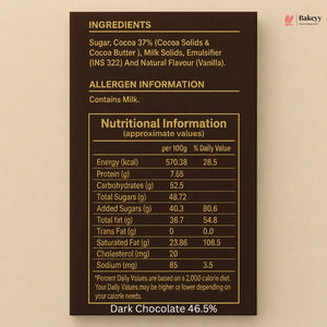 A dark brown nutrition facts panel for a chocolate product, showing ingredients, allergen information, and nutritional values per 100g. The panel is centered on a warm beige background with the text 'Dark Chocolate 46.