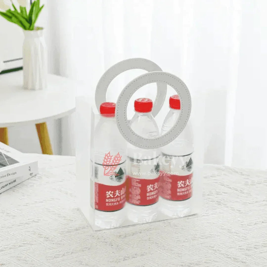 Transparent Bags With Leather Style White Colour Handles | Pack of 12 - Bakeyy.com - India - Transparent Bags With Leather Style White Colour Handles | Pack of 12 - 22x21x11Cm