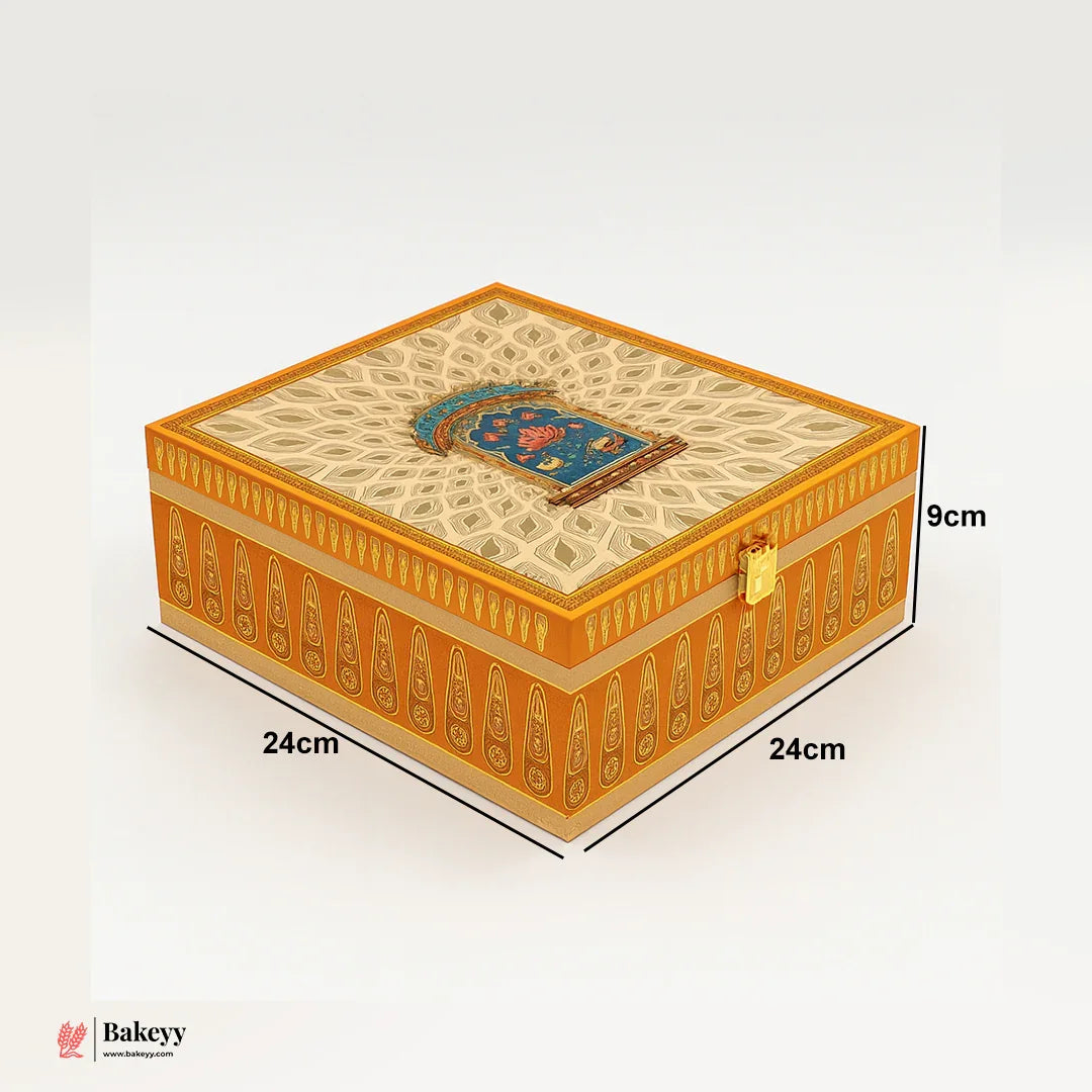 Royal Lotus Design Orange Square Gift Box with Golden Satin Lining | Pack of 1 - Bakeyy.com - India - Royal Lotus Design Orange Square Gift Box with Golden Satin Lining | Pack of 1 - Default Title