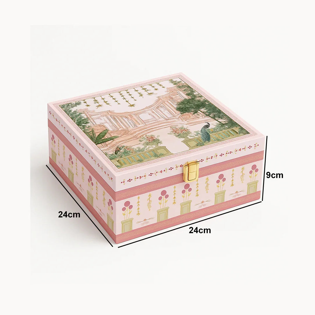 Elegant Pink Floral Peacock Square Gift Box with Satin Lining | Pack of 1 - Bakeyy.com - India - Elegant Pink Floral Peacock Square Gift Box with Satin Lining | Pack of 1 - Default Title