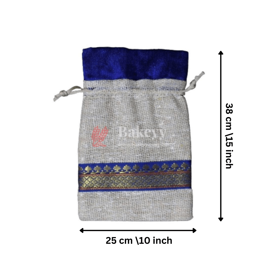 25x38cm \10x15 inch| Elegant Jute Blue Drawstring Gift Bag | Drawstring Bags | Pack of 10