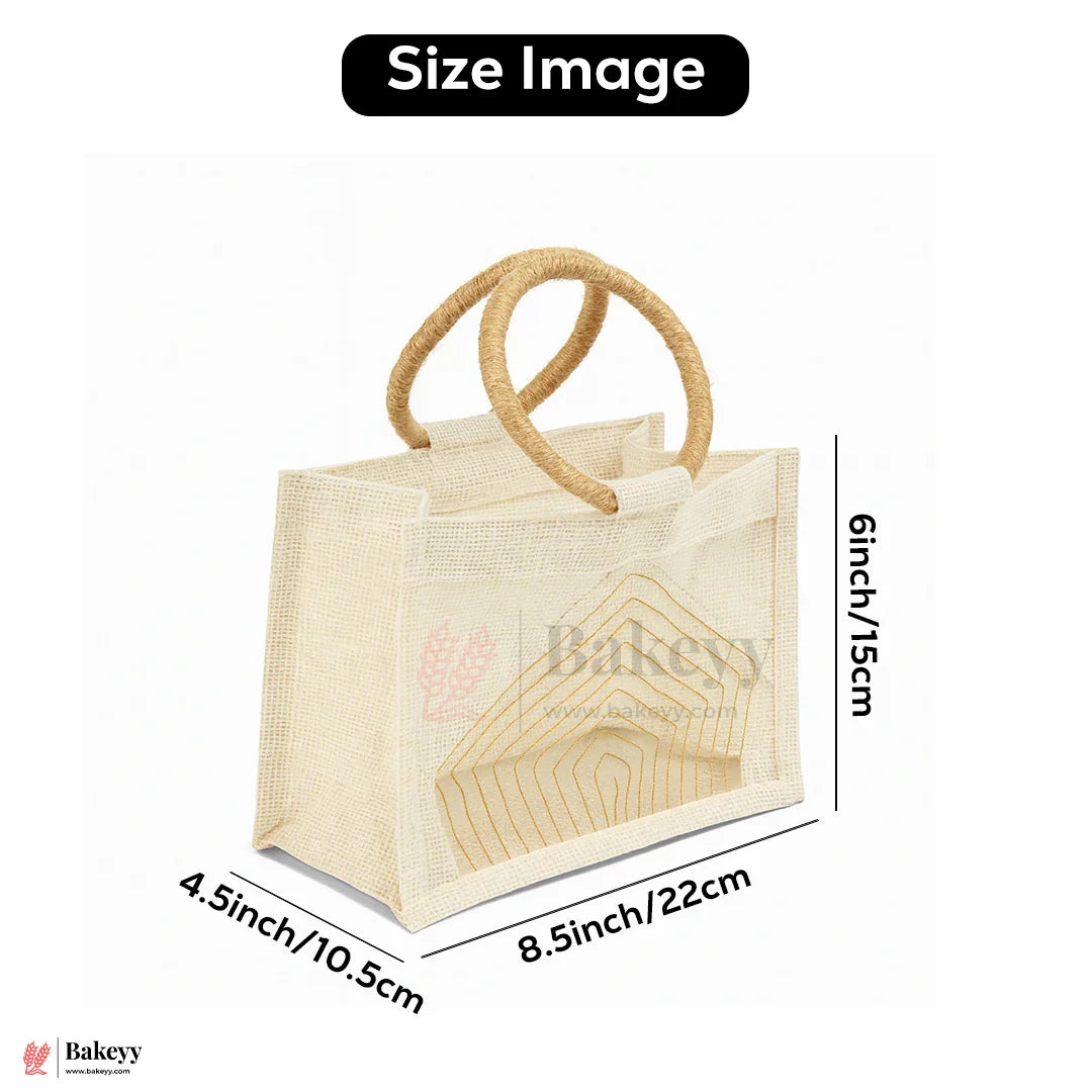 22x10.5x15 cm Beige & Cream Jute Gift Bag with Transparent Window & Round Handles Pack Of 1