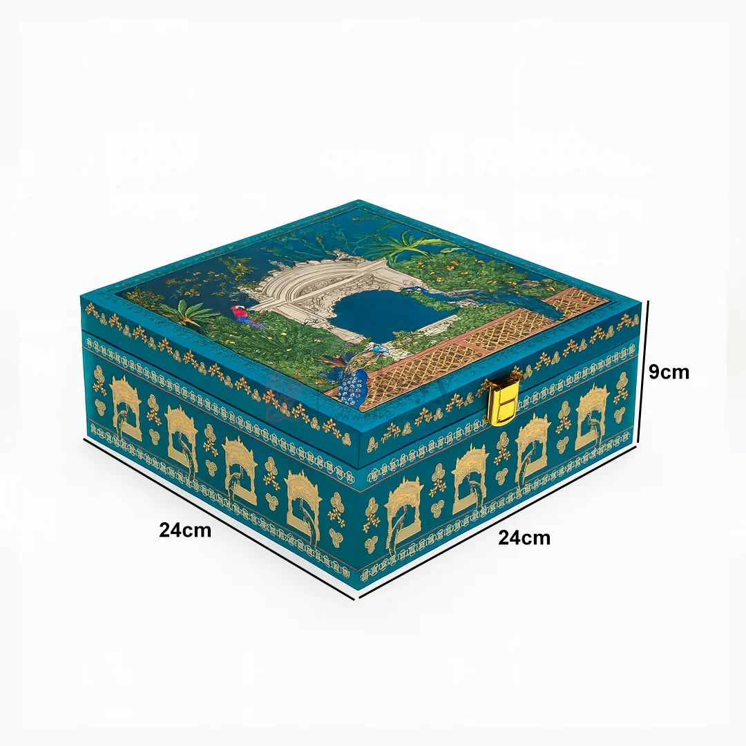 Luxury Peacock-Themed Decorative Square Gift Box with Golden Satin Lining | Pack of 1 - Bakeyy.com - India - Luxury Peacock-Themed Decorative Square Gift Box with Golden Satin Lining | Pack of 1 - Default Title