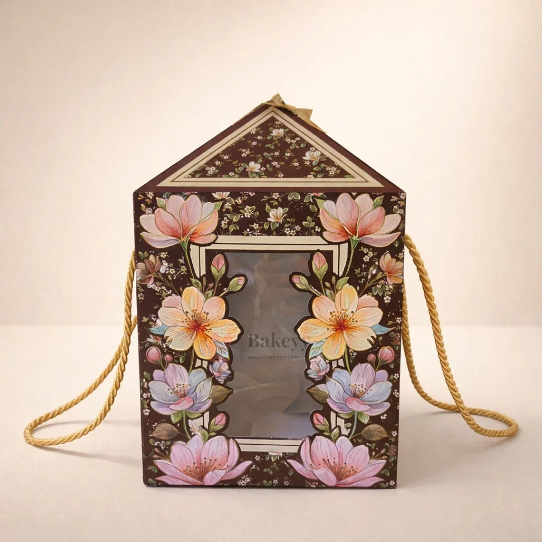 Premium Floral Window Gift Box with Rope Handle (7.25 x 7.25 x 12 Inch) | Cake Hamper & Gifting Box | Pack of 10