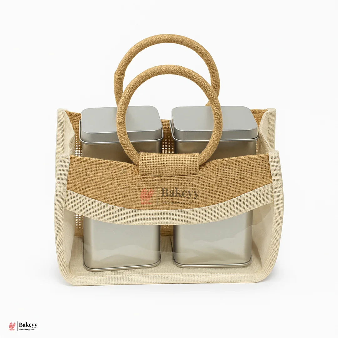 22x10x14 CM | Beige & Cream 2 Jar Jute Gift Bag with Window & Round Handles – 1 Piece