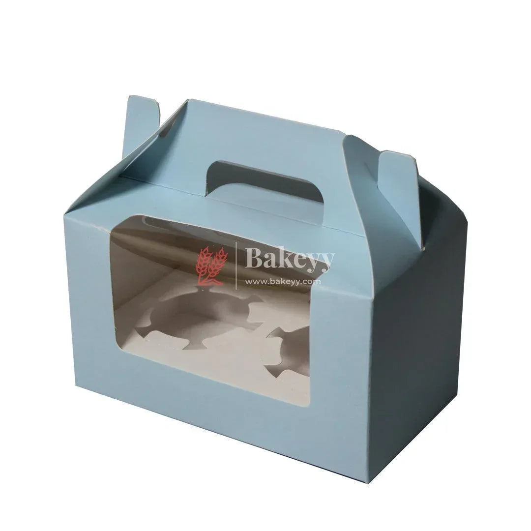 2-Cupcak Box with Handle | Sky Blue Colour | With Front Window | - Bakeyy.com - India - 2-Cupcak Box with Handle | Sky Blue Colour | With Front Window | - Pack of 10