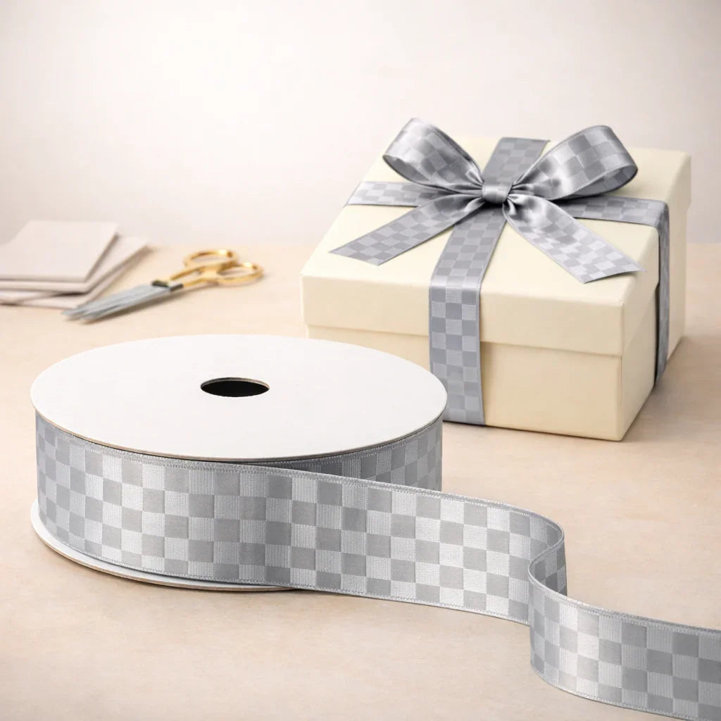 2cm |18 Mtr Premium Elegant Checkered Satin Ribbon Roll – Elegant Finish for Gift Wrapping & Crafts| 1 Roll