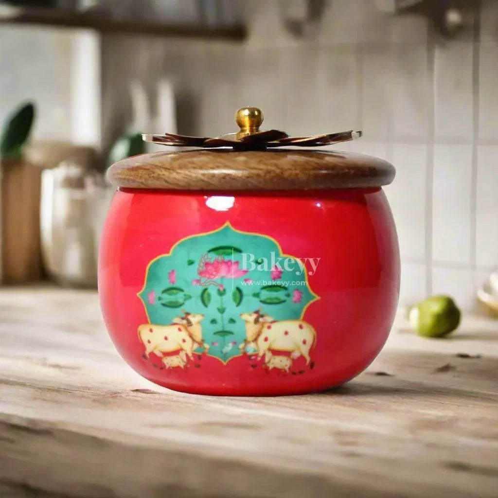 Red Handcrafted Decorative Jar with Floral Wooden Lid (Pack Of 1) - Bakeyy.com - India - Red Handcrafted Decorative Jar with Floral Wooden Lid (Pack Of 1) - Default Title
