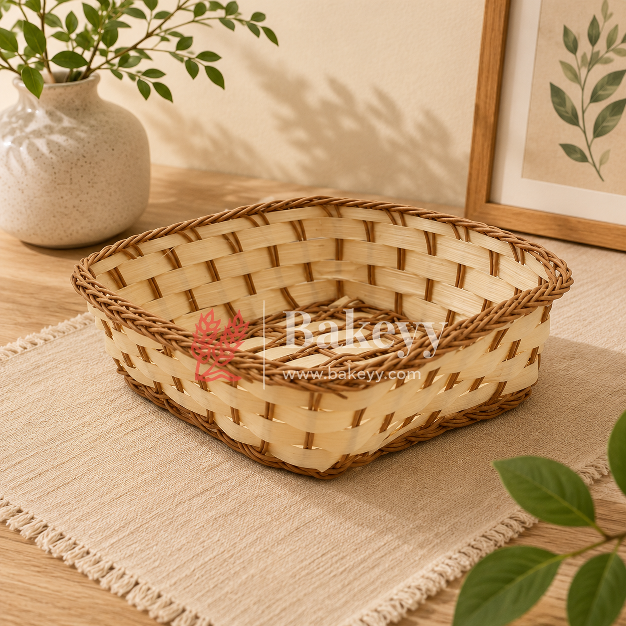 Woven basket on a table with a plant and framed picture in the background, featuring the Bakevvy brand.