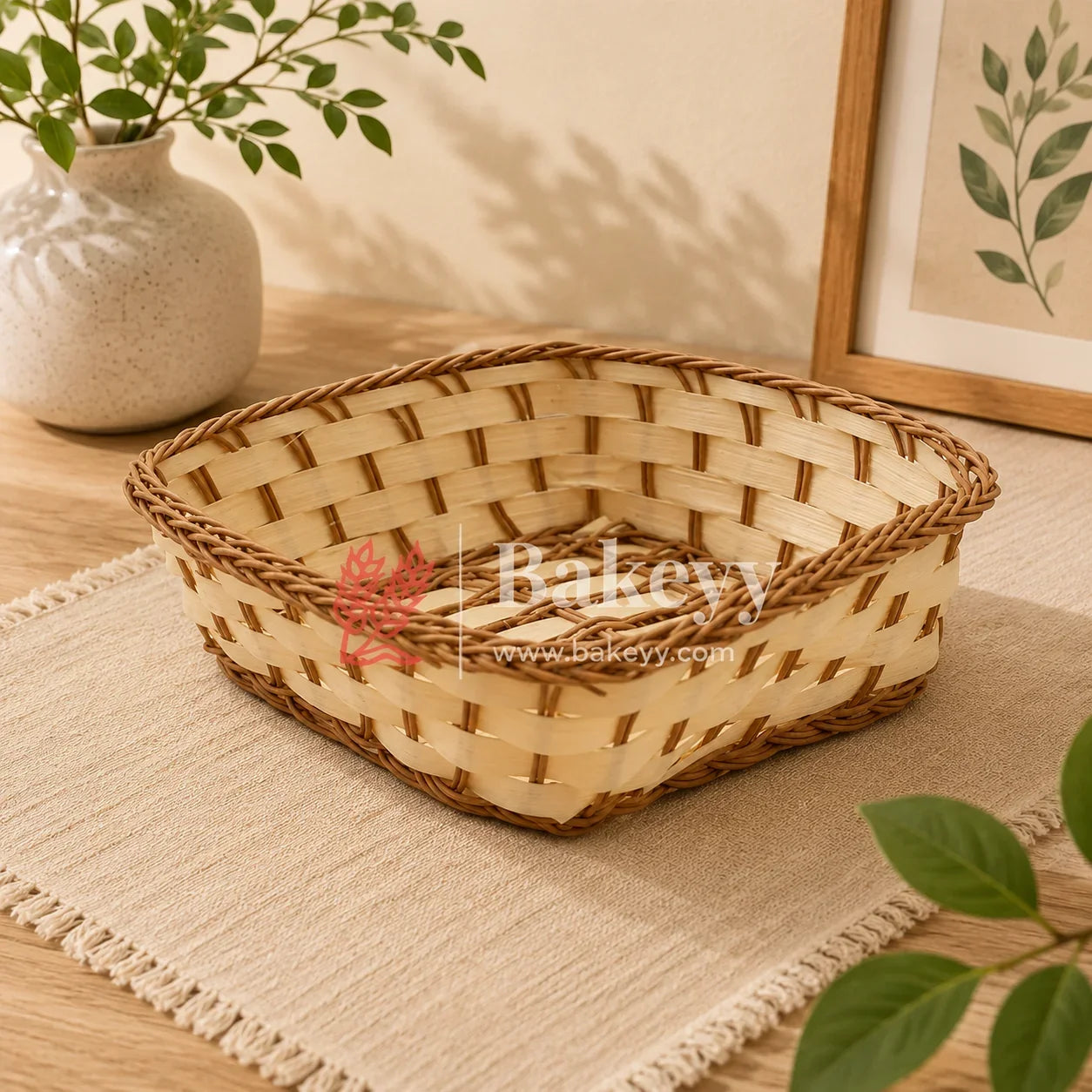 Woven basket on a table with a plant and framed picture in the background, featuring the Bakevvy brand.