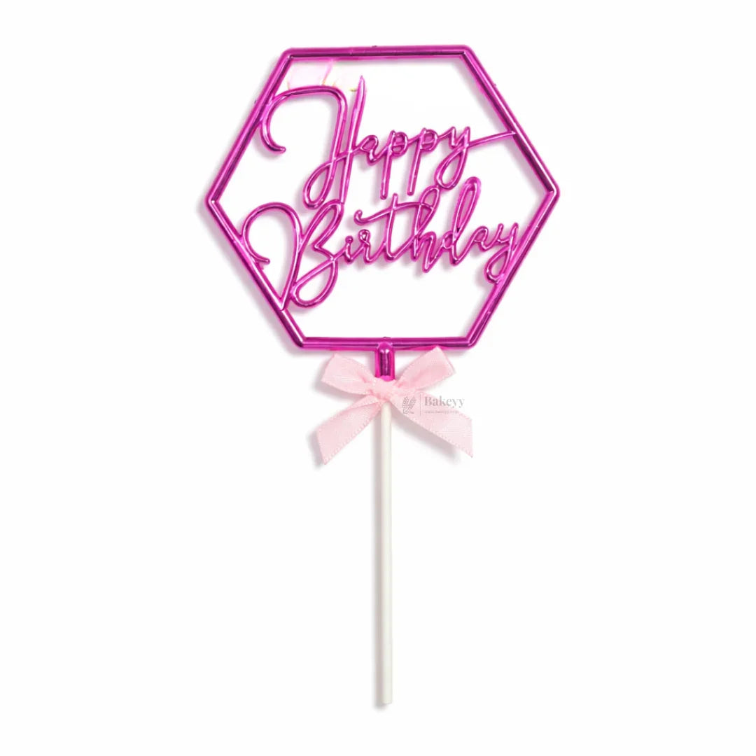 8.5 Inch | Metallic Pink Happy Birthday Cake Topper with Ribbon | Metallic Pink | 1 Piece