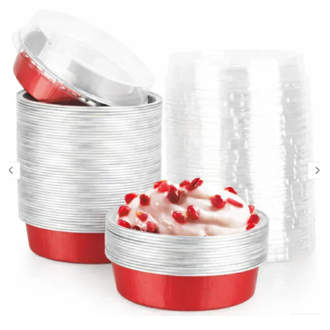 Aluminum Foil Baking Containers with Transparent Lid | Round Tins | Bake N Serve | Pack of 100 - Bakeyy.com - India - Aluminum Foil Baking Containers with Transparent Lid | Round Tins | Bake N Serve | Pack of 100 - Red / 250 ml 1800.00