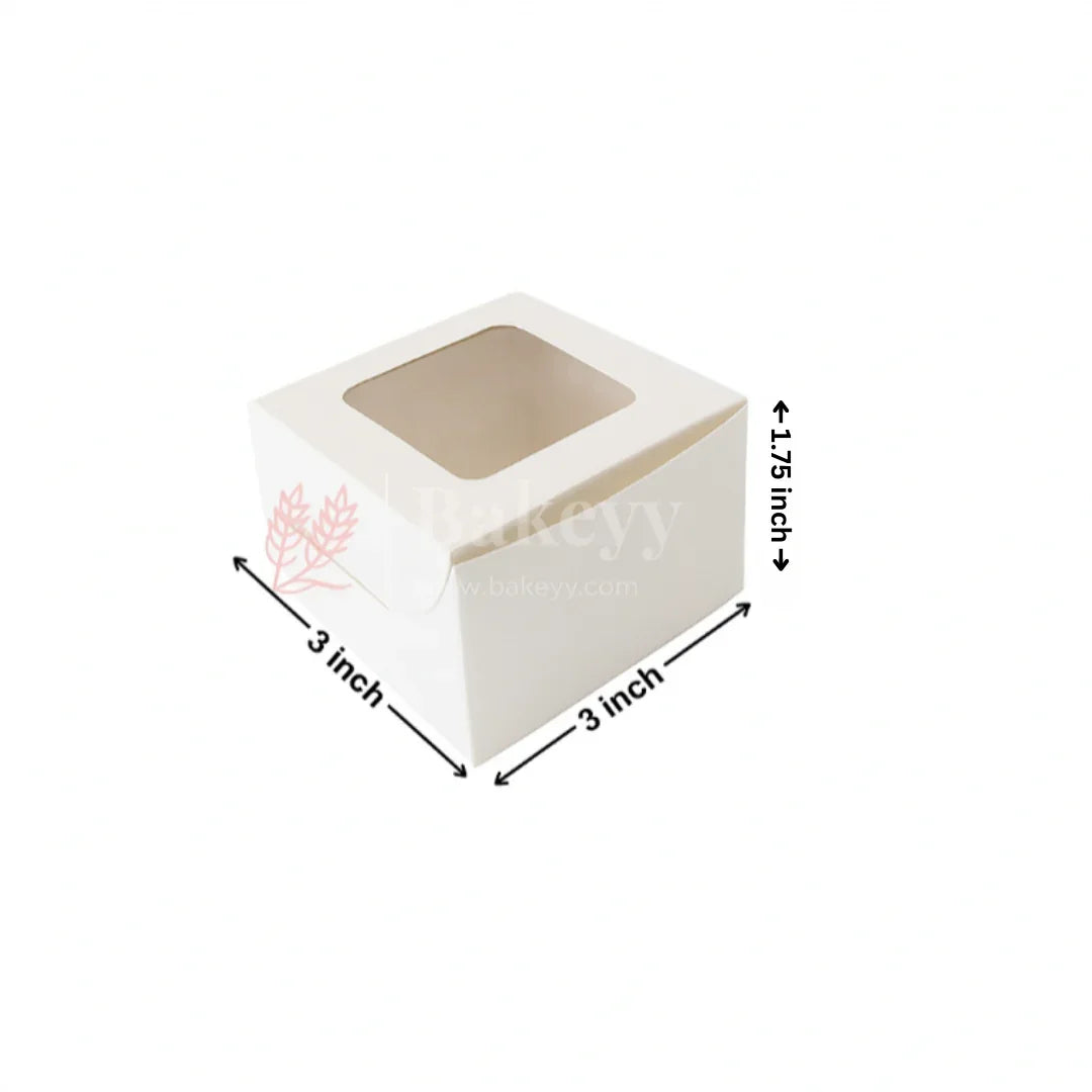 3x3x1.75 inch white bakery box with window, ideal for baking supplies from Bakeyy.com