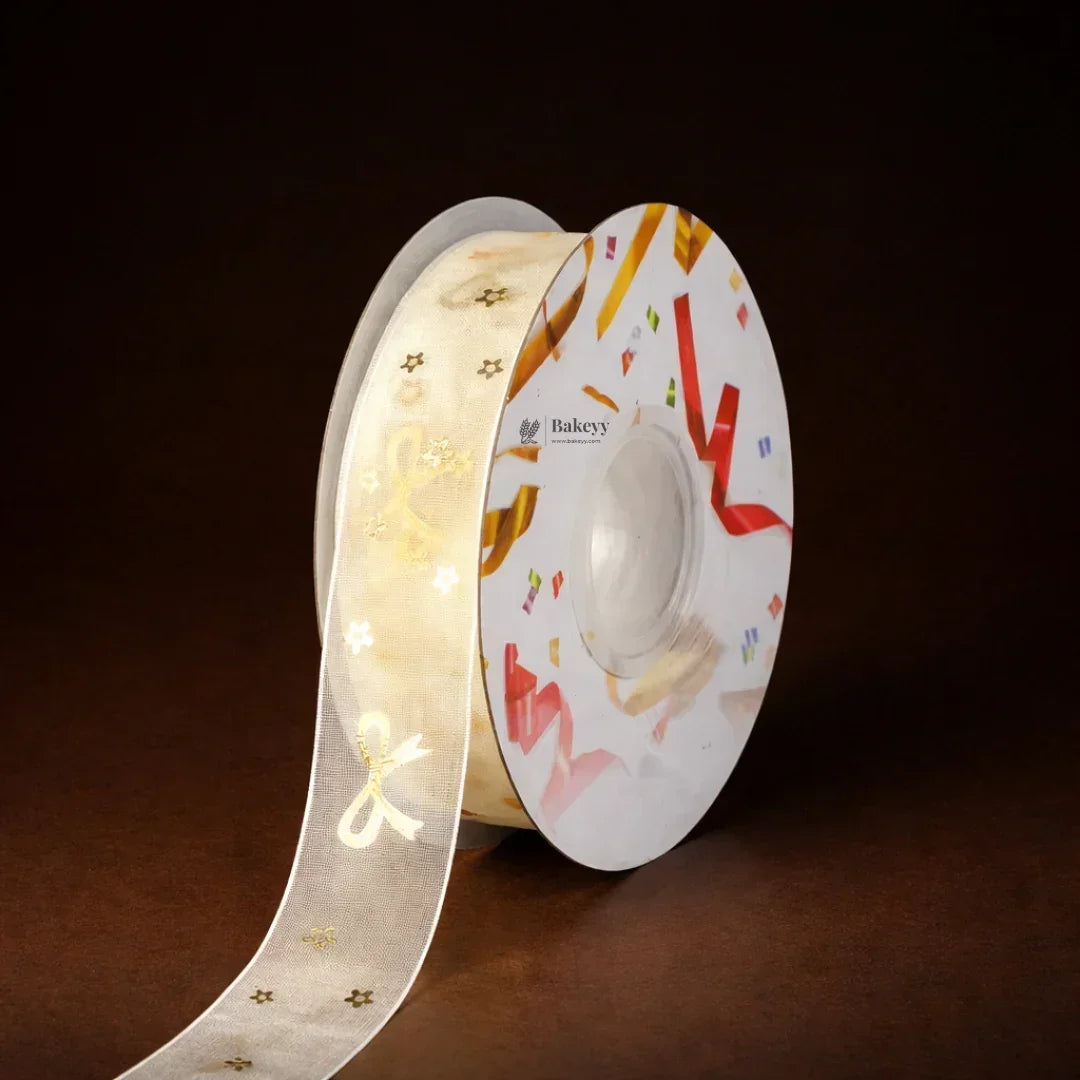 Decorative Organza Ribbon Rolls with Gold Foil Prints | Multiple Designs Options | Pack of 1 - Bakeyy.com - India - Decorative Organza Ribbon Rolls with Gold Foil Prints | Multiple Designs Options | Pack of 1 - Design 5 190.00