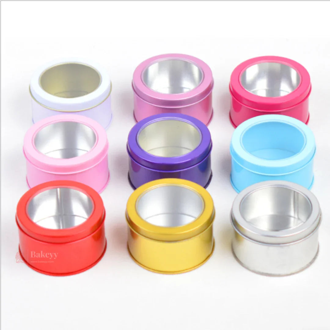 Colorful round metal tins for baking or gift packaging, Bakeyy.com wholesale supplies