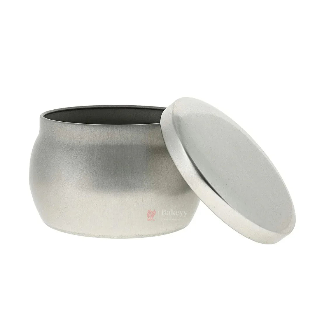 Silver metal tin container with lid, ideal for bakery storage or gift packaging from Bakeyy