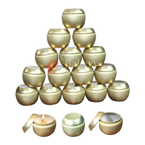 Stack of gold metal round candle tins with lids from Bakeyy wholesale, gift packaging supplies.