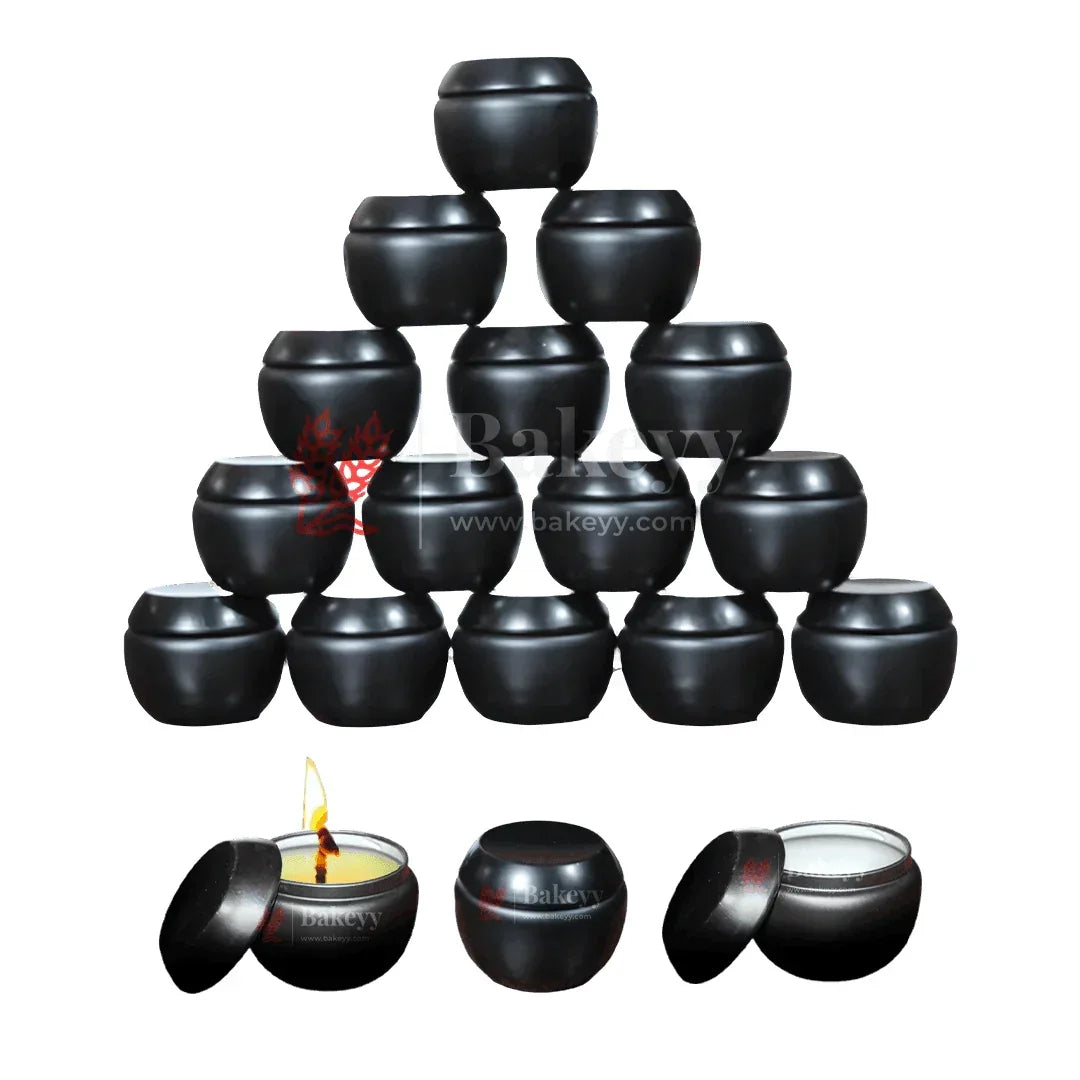 Black round metal candle tins with lids, perfect for bakery hamper gifts from Bakeyy.com
