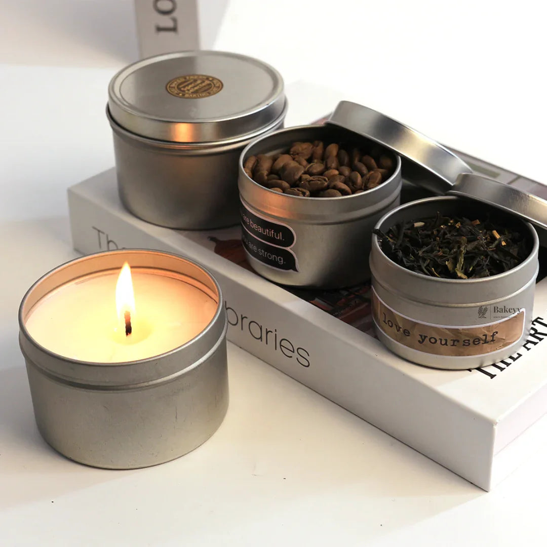 Bakeyy silver tins for candles, coffee, and tea, ideal for gifting and hamper making.