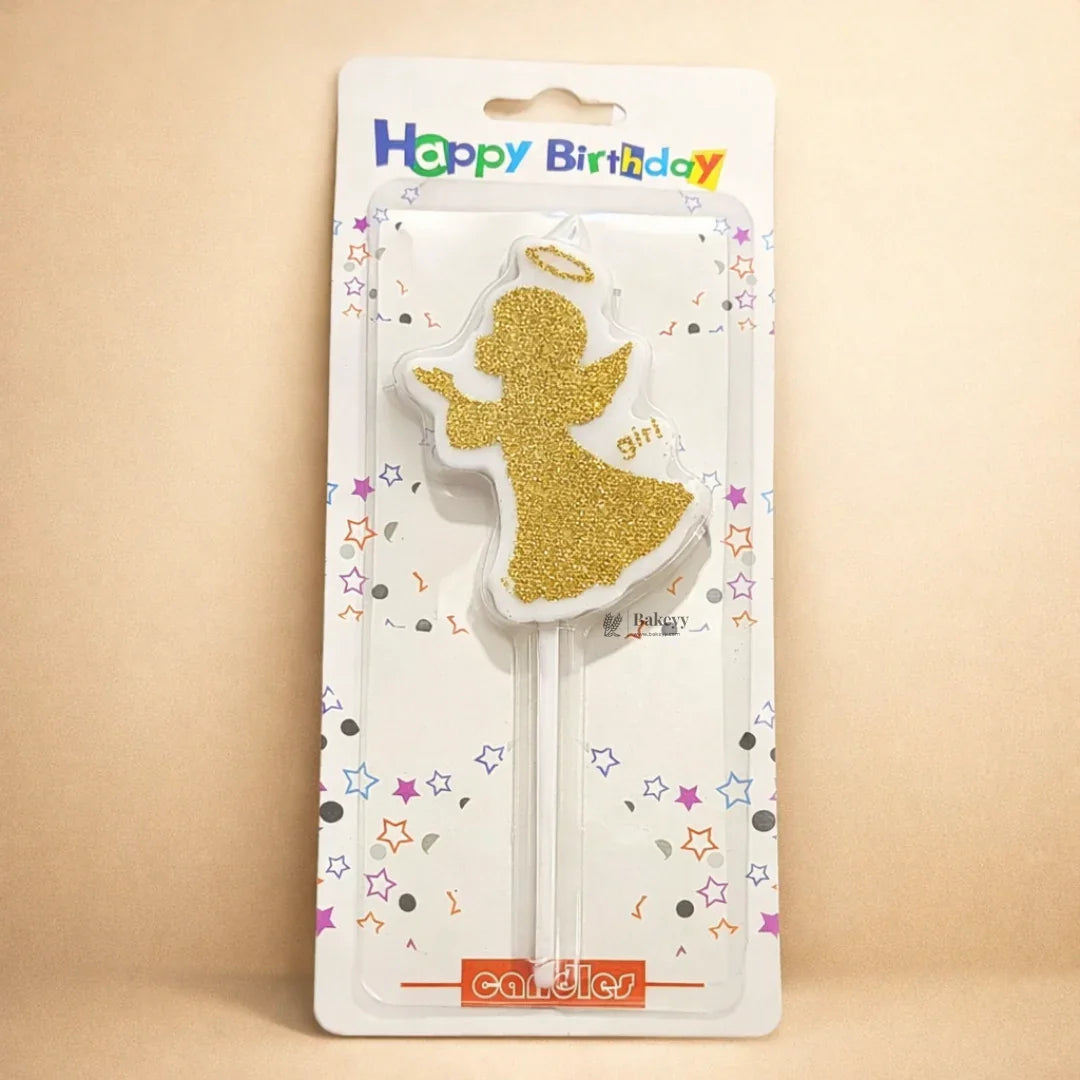Gold glitter angel girl birthday candle on Bakeyy.com packaging, ideal for cake decoration